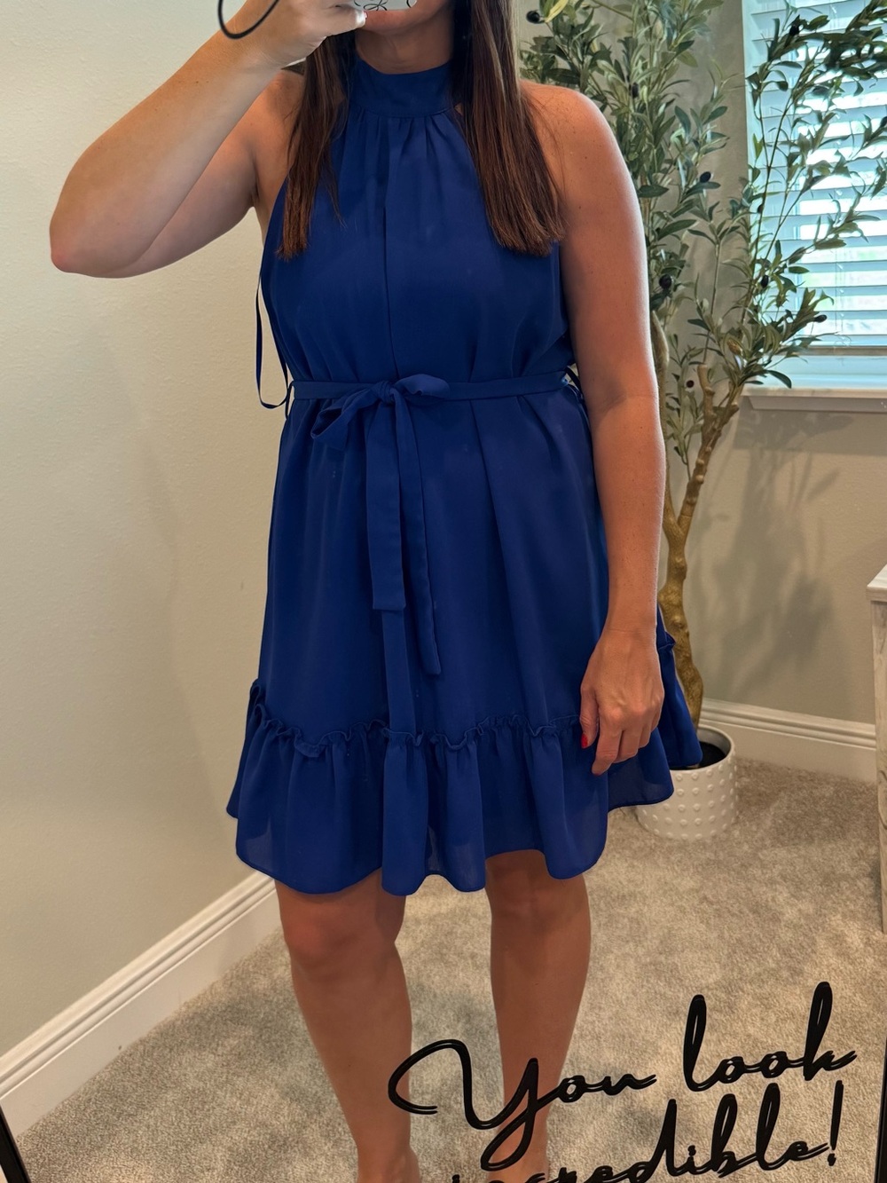Sleeveless Royal Blue Tie-Waist Ruffle Hem Dress